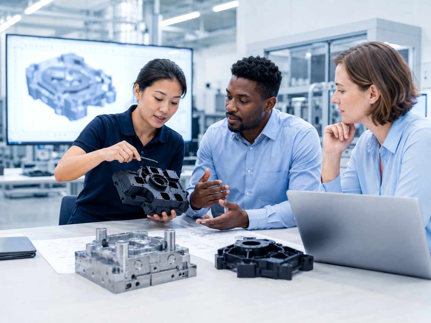 Multi-racial engineering team reviewing CAD model and moulded part geometry