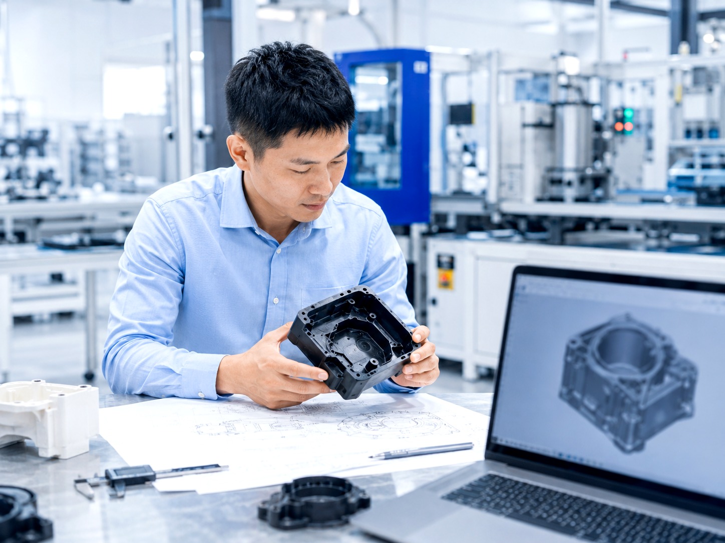 Asian engineer inspecting moulded part and tooling details in a bright lab