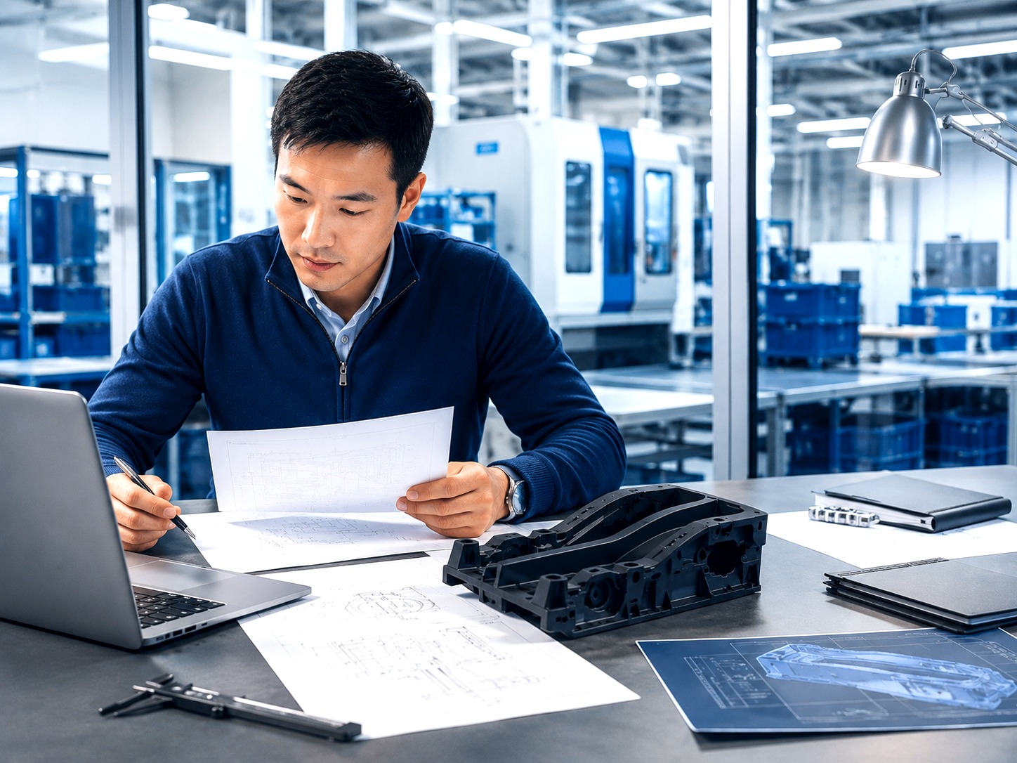 Engineer reviewing project drawings and CAD information in a bright industrial workspace