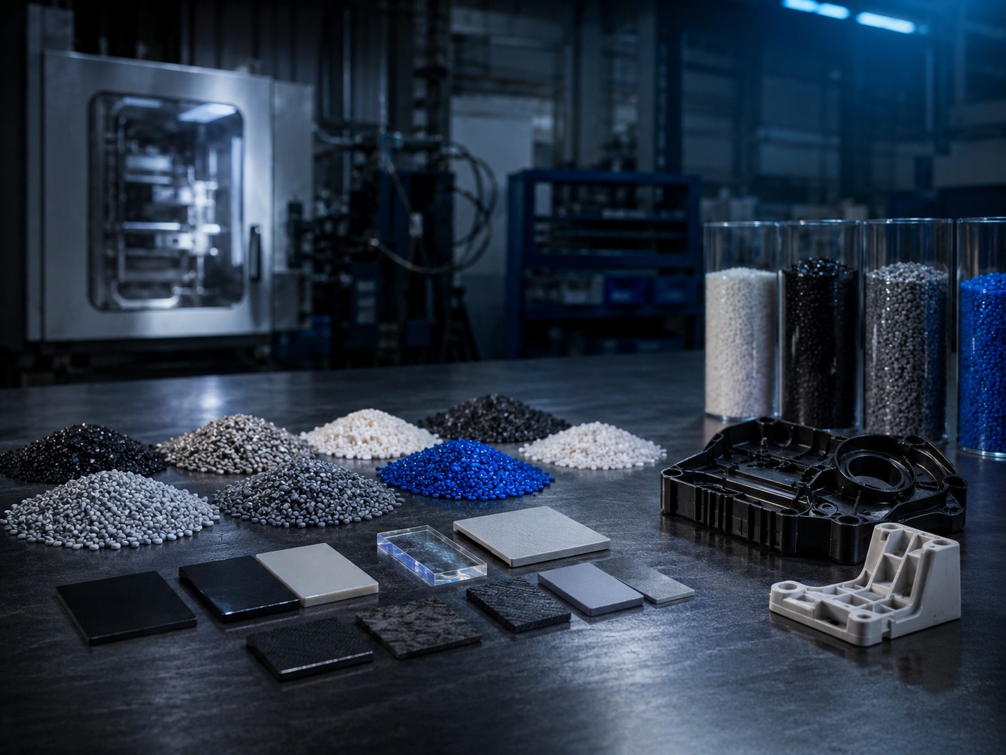 Plastic resin pellets, material samples, and molded parts on an industrial workbench