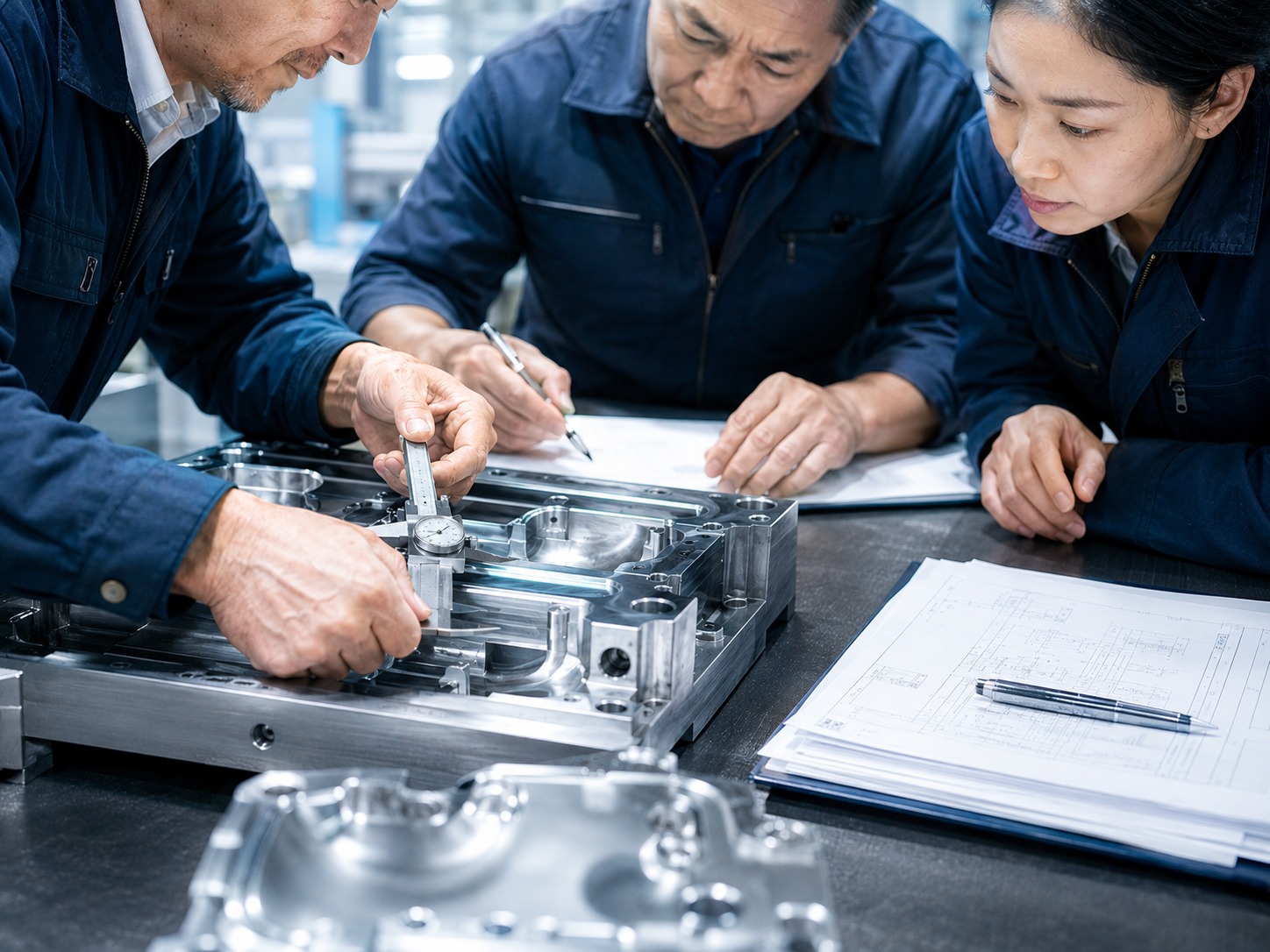Engineers measuring polished tooling with calipers during quality-oriented review