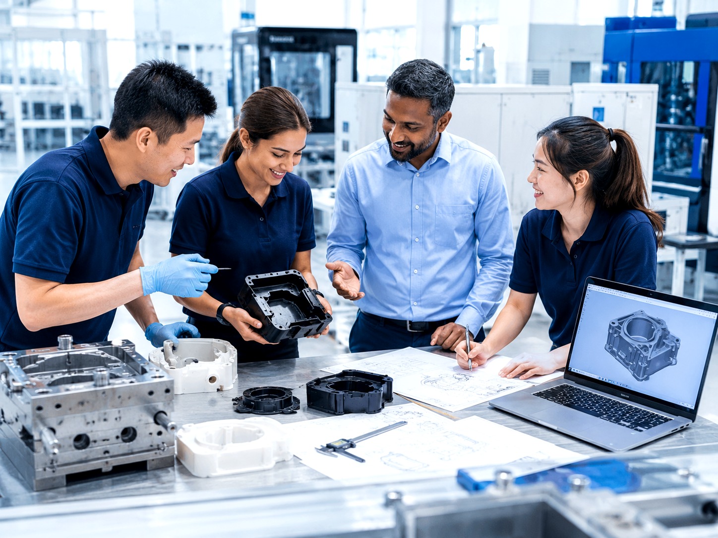Multi-racial engineering and manufacturing support team reviewing injection moulding project details