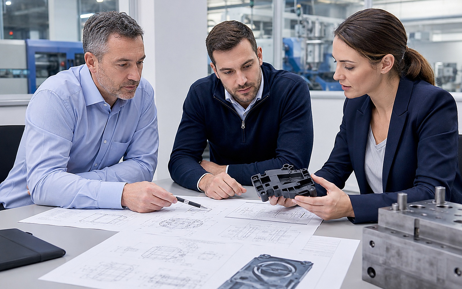 Manufacturing project team reviewing drawings and schedule details