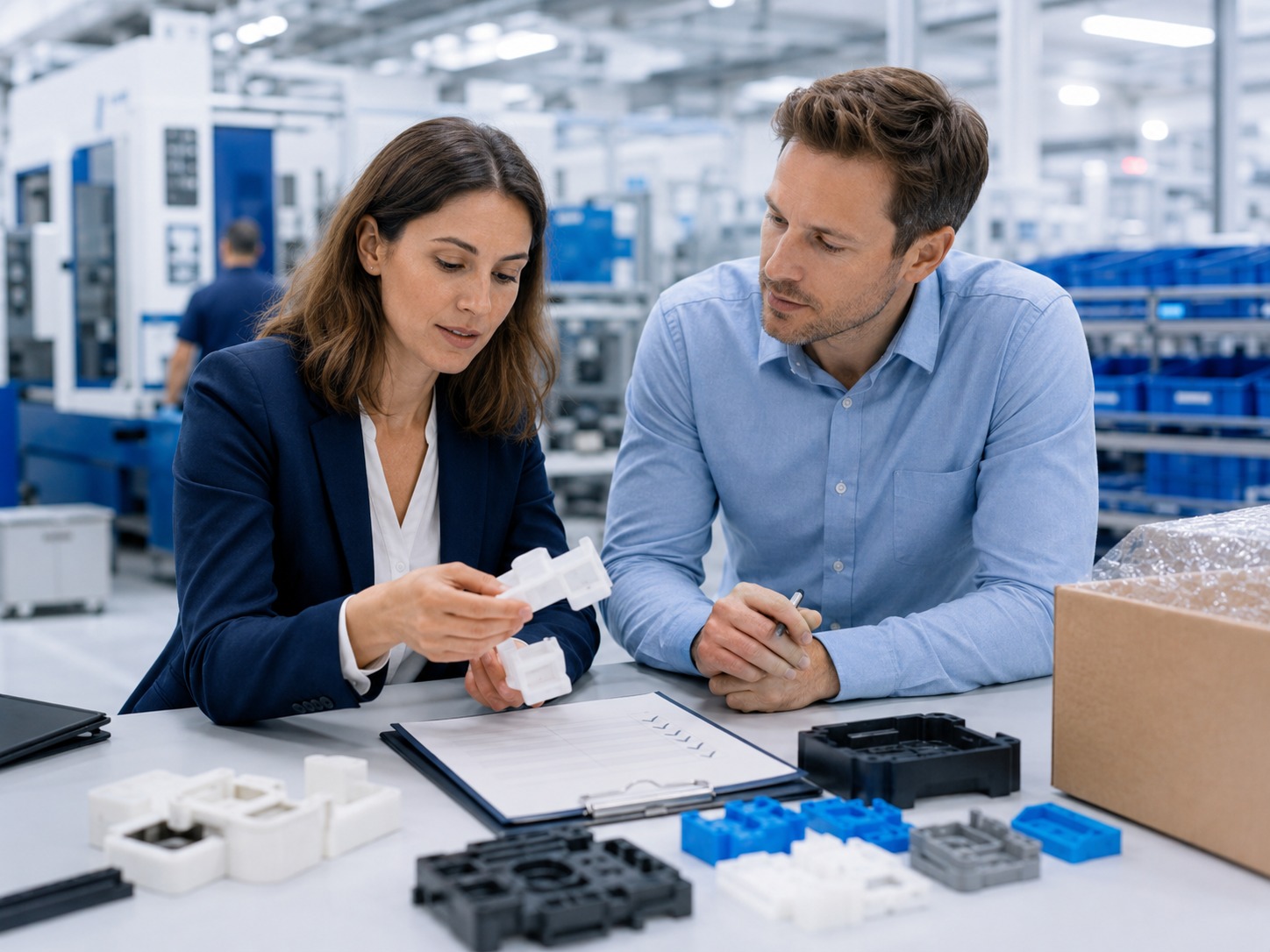 Buyer-support professionals inspecting prototype moulded parts, packaging cues, and project notes before production-path review