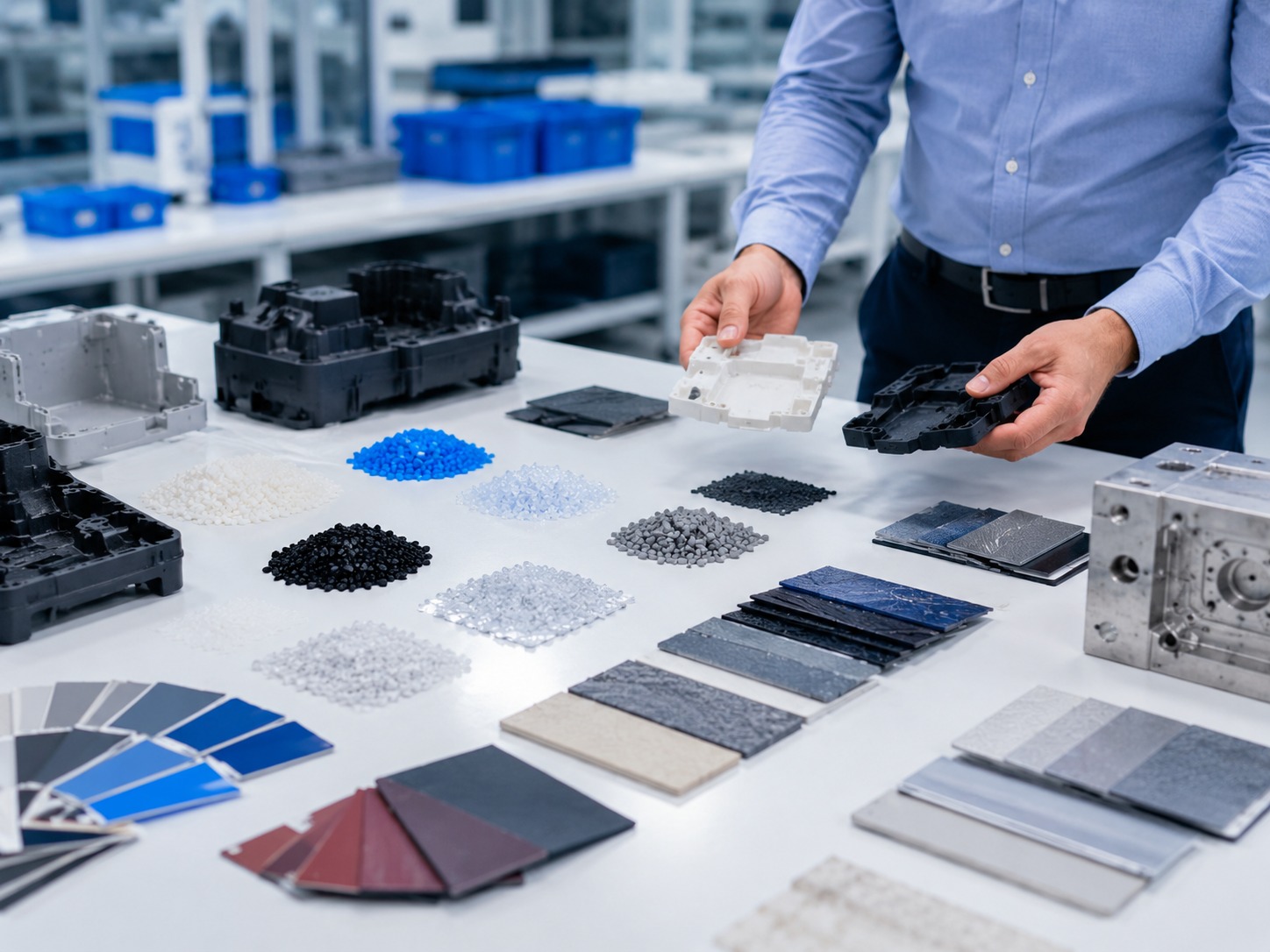 Professional product and material review table with moulded plastic parts, resin pellets, colour samples, and finish swatches