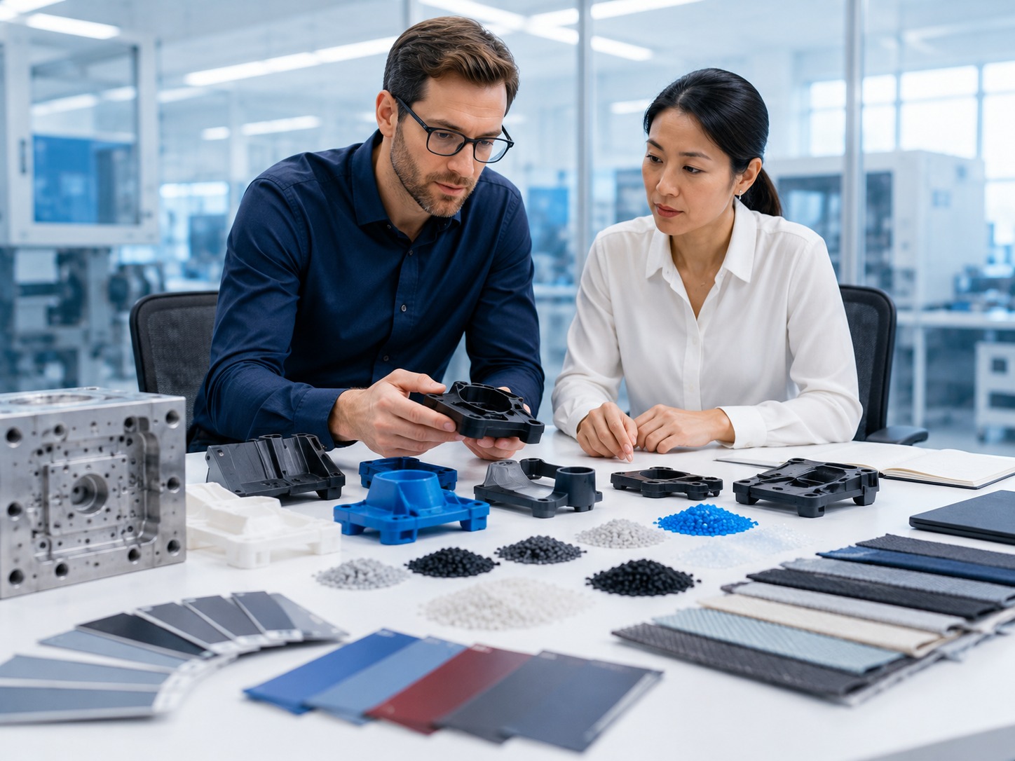 Injection moulding material selection with resin pellets, plastic parts, and finish samples in a clean industrial review setting