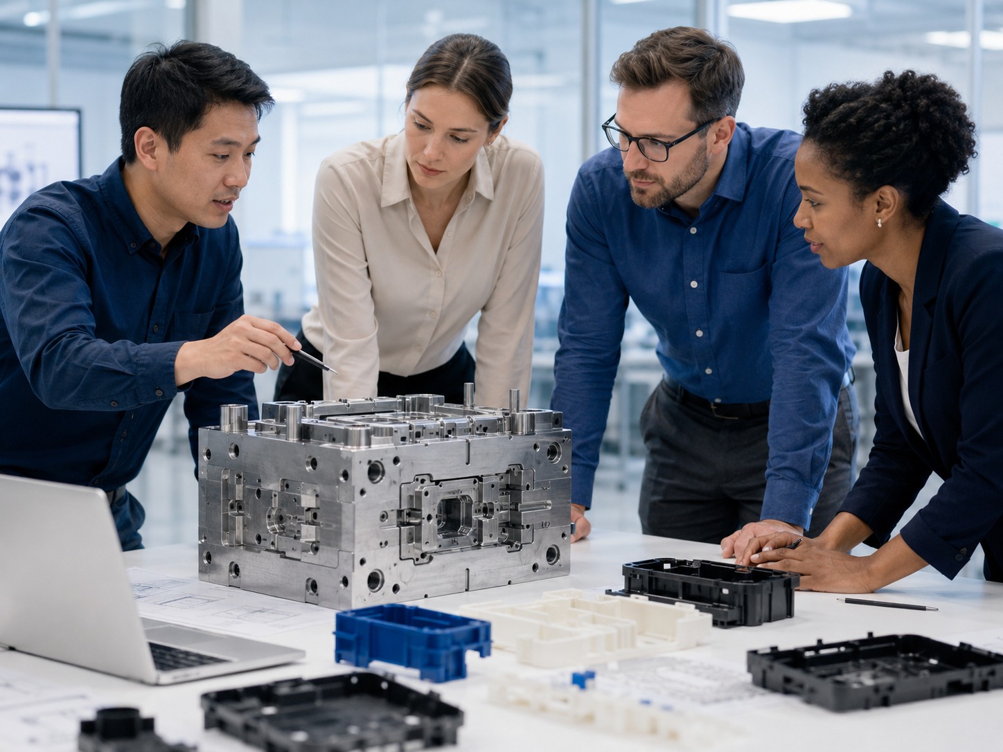 Engineering support team reviewing metal mould tooling and plastic product samples for injection moulding material implications