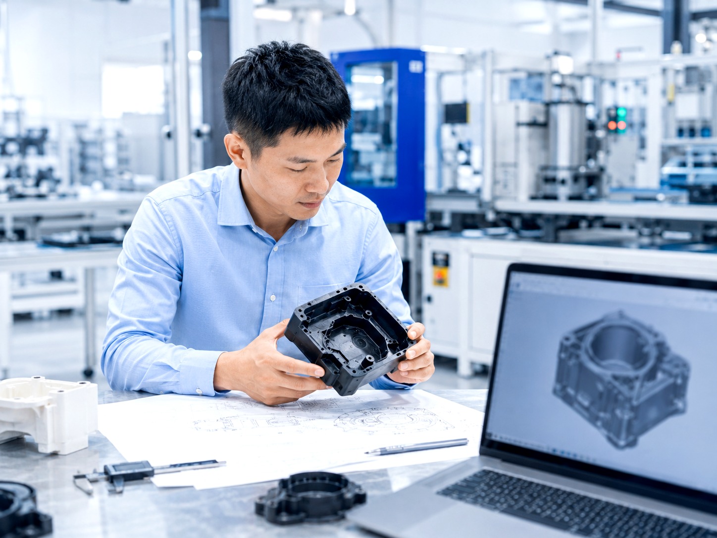 Engineer inspecting moulded part details and review requirements in a bright modern lab