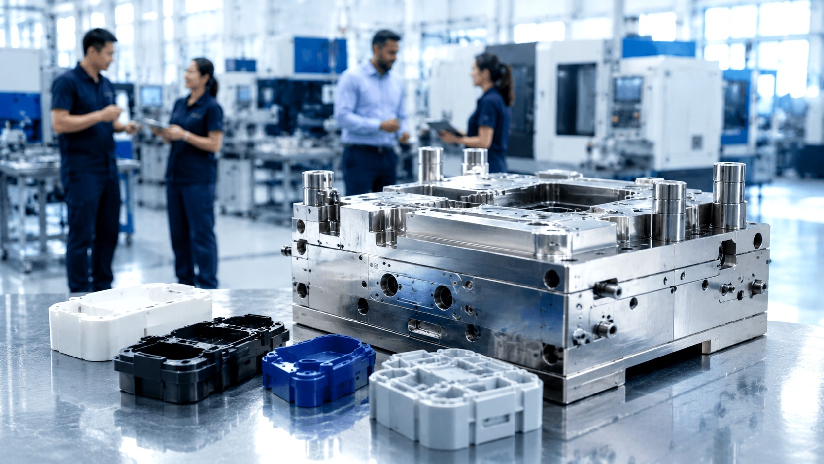 Multi-racial manufacturing team reviewing moulded parts and project handoff details
