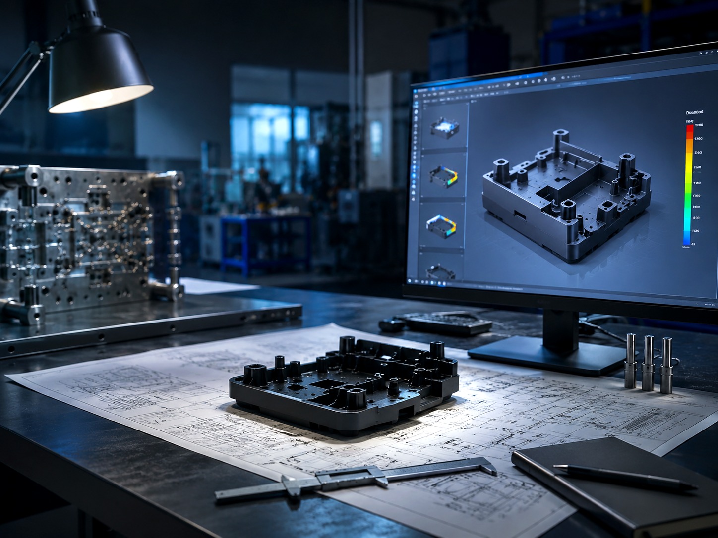Engineering workspace with drawings and process review materials for injection moulding project visibility