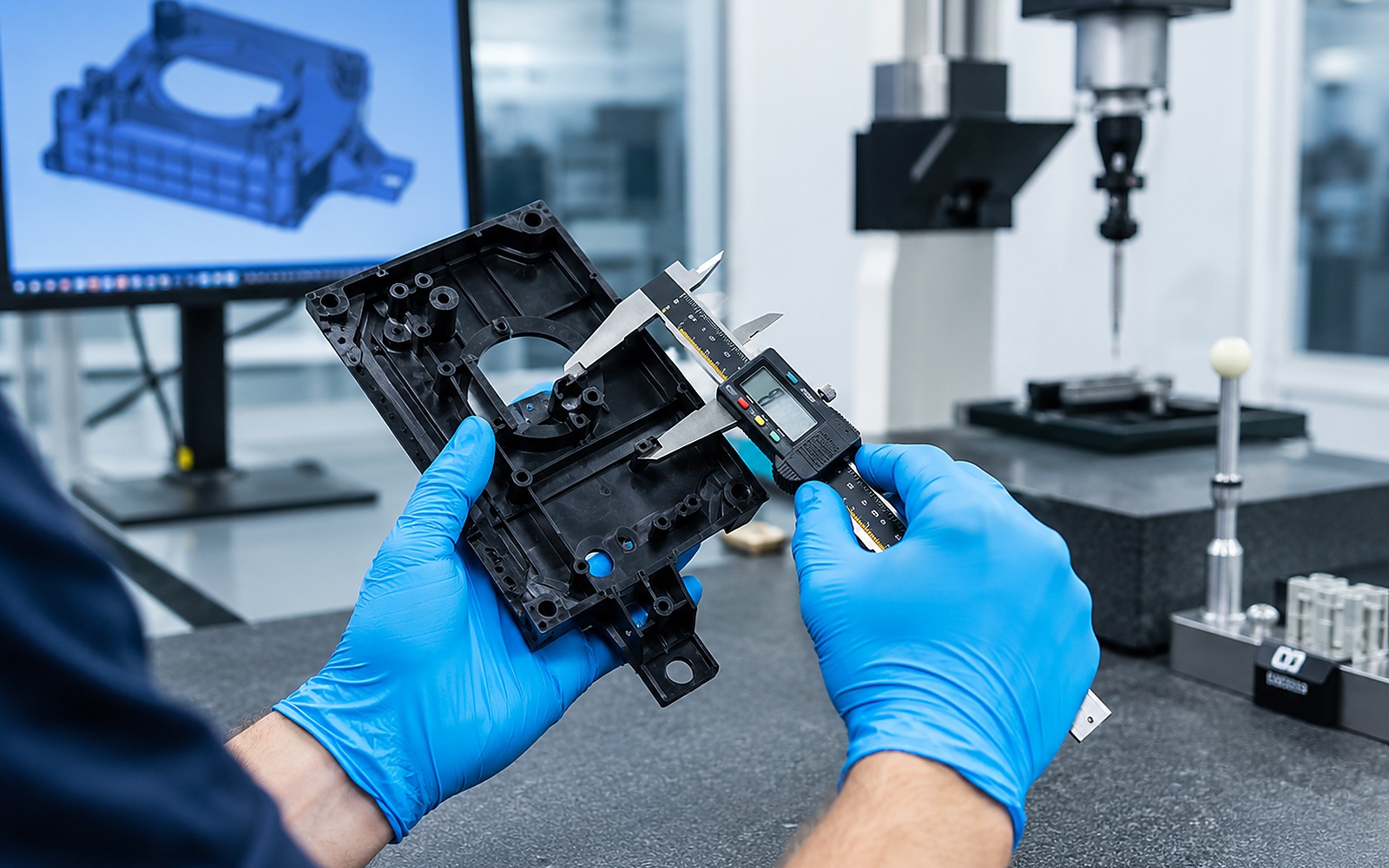 Dimensional inspection of moulded part features with calibrated measuring equipment