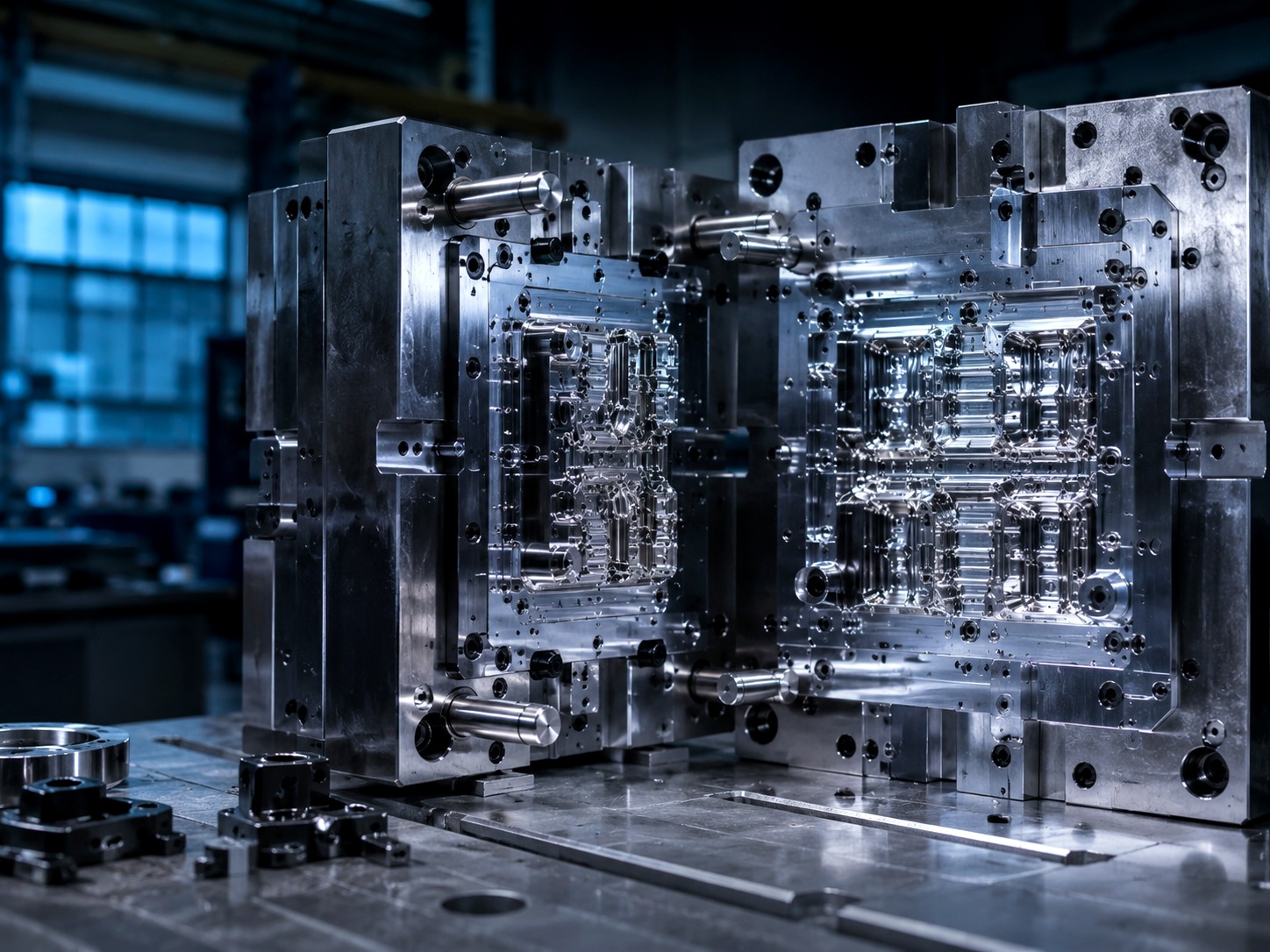 Precision injection mould tooling photographed on a clean industrial workbench