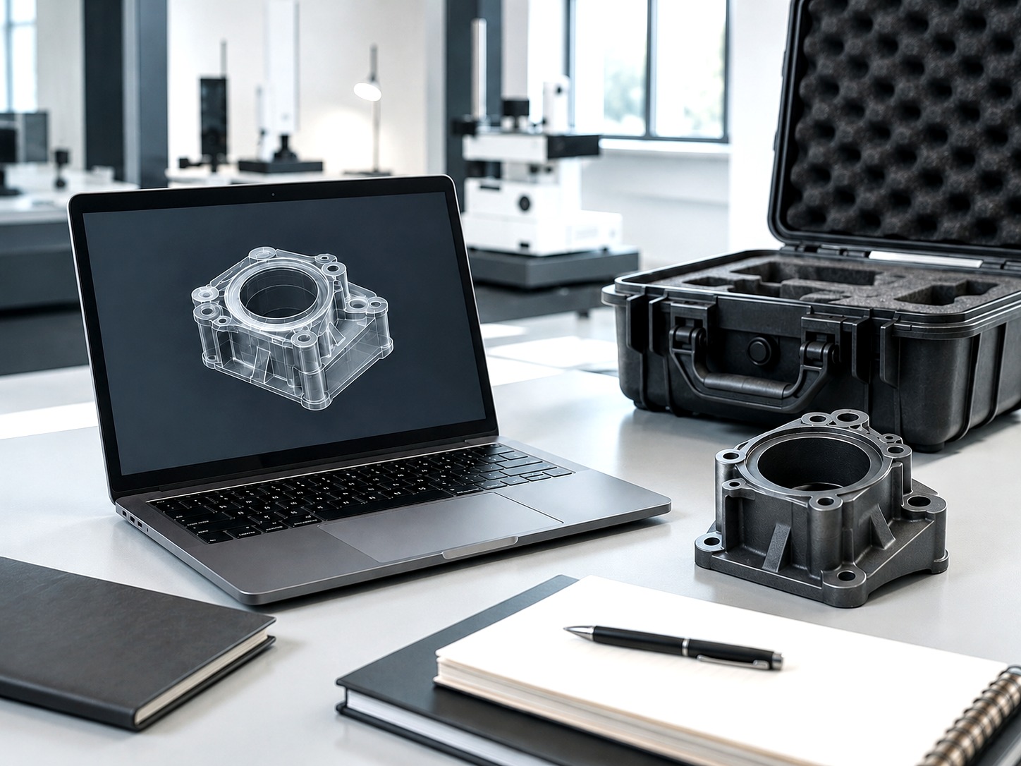 CAD workstation and moulded plastic part sample for injection moulding RFQ review