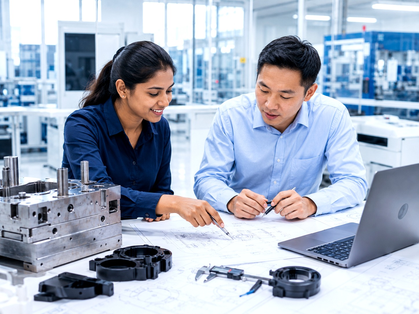 Diverse engineering review team discussing injection moulding RFQ checklist and project readiness