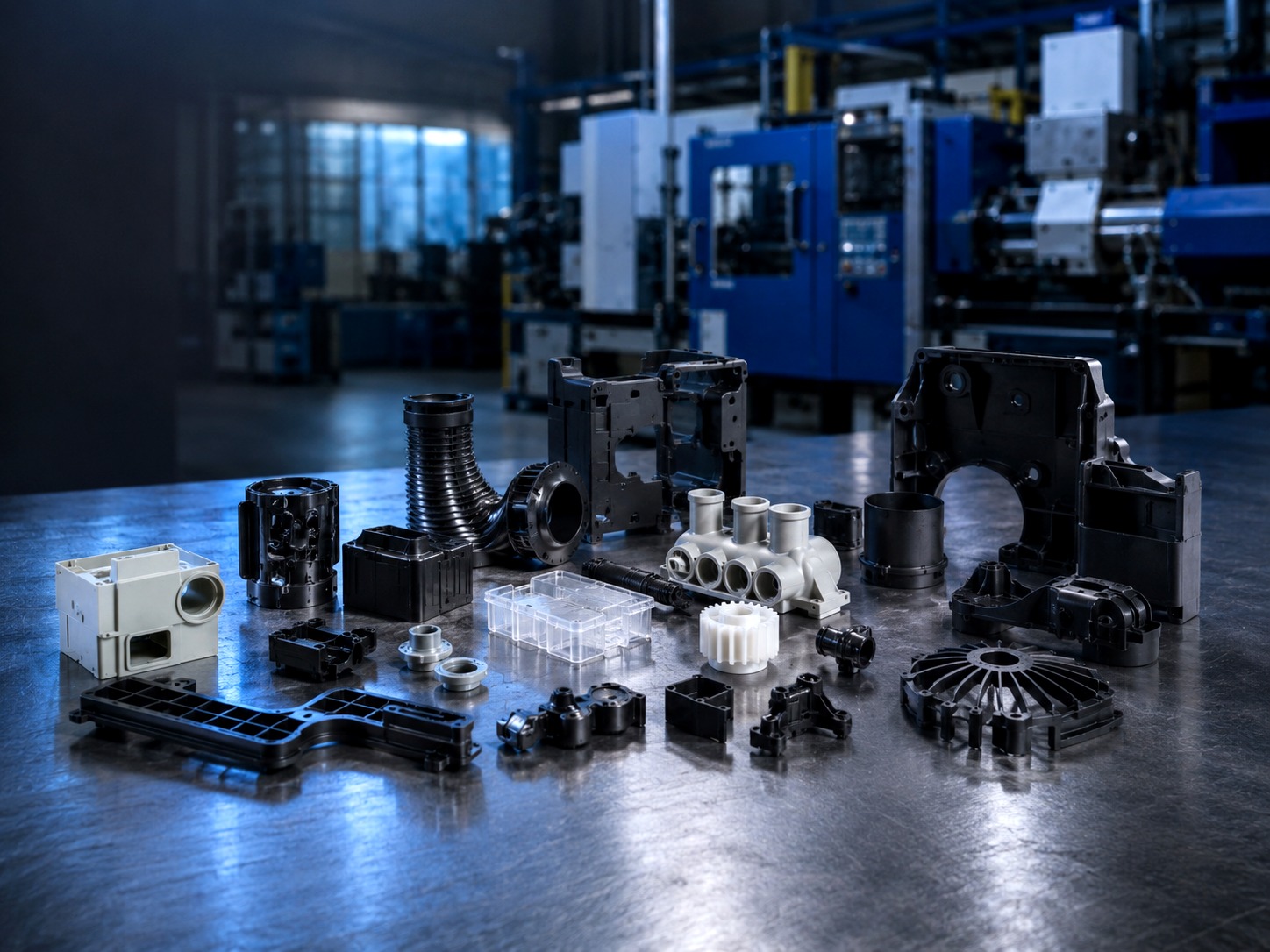 Assorted precision plastic components displayed in a clean industrial workspace
